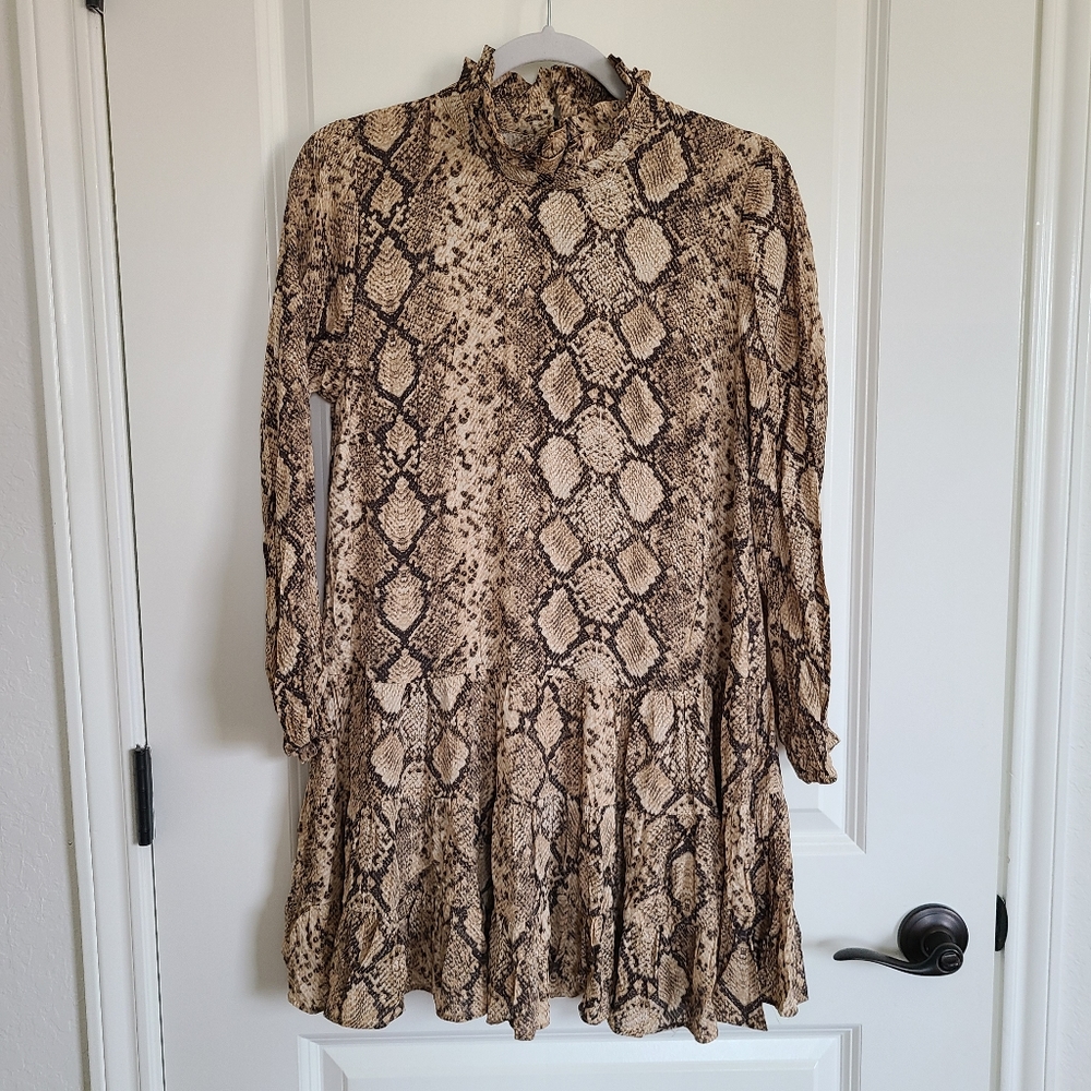 ZARA Brown Snakeskin Long Sleeve Mock Neck Mini Dress Size Small